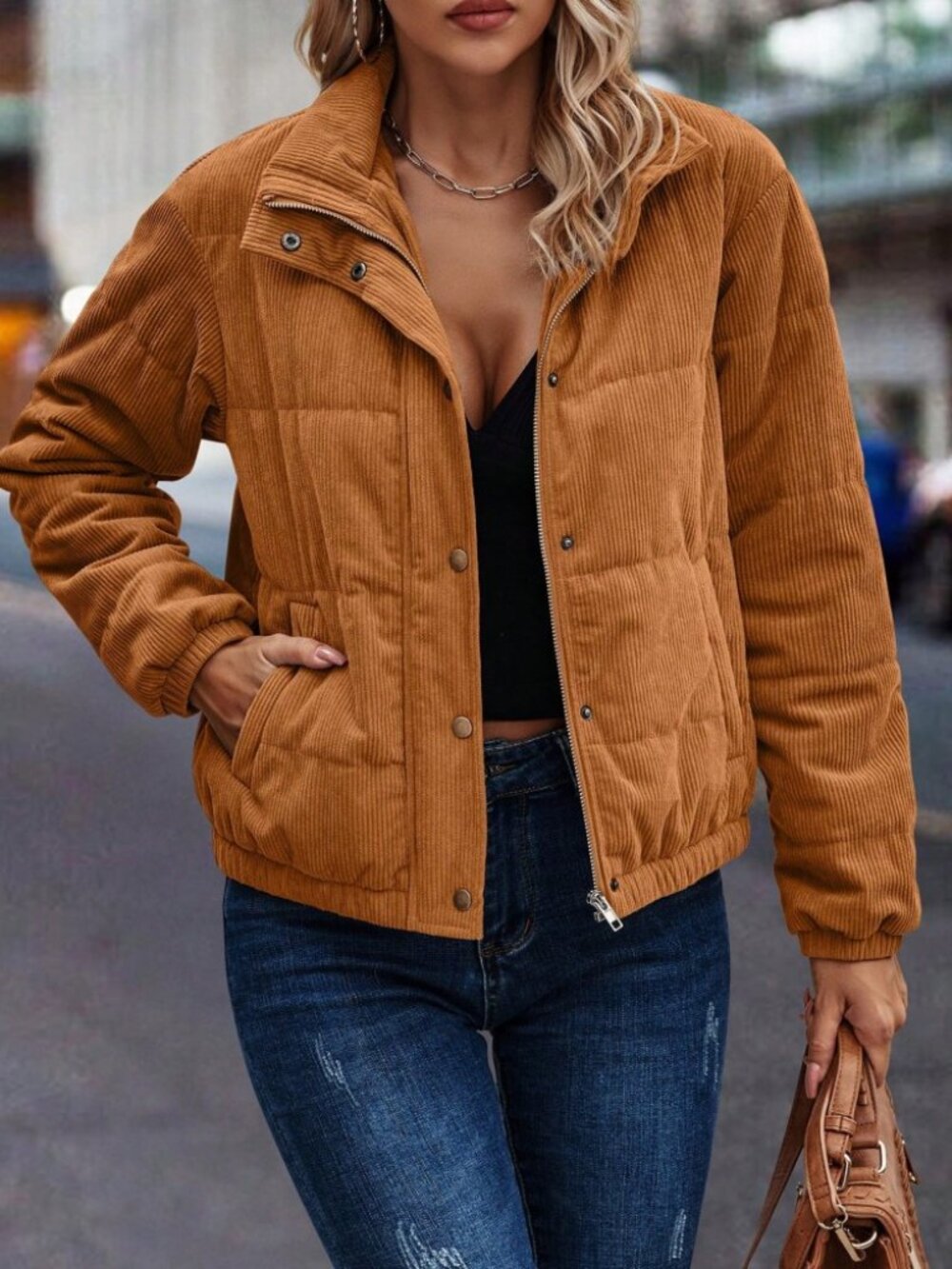 Camel Corduroy Puffer Jacket with Funnel Neck Zip Front - Picture 5 of 6